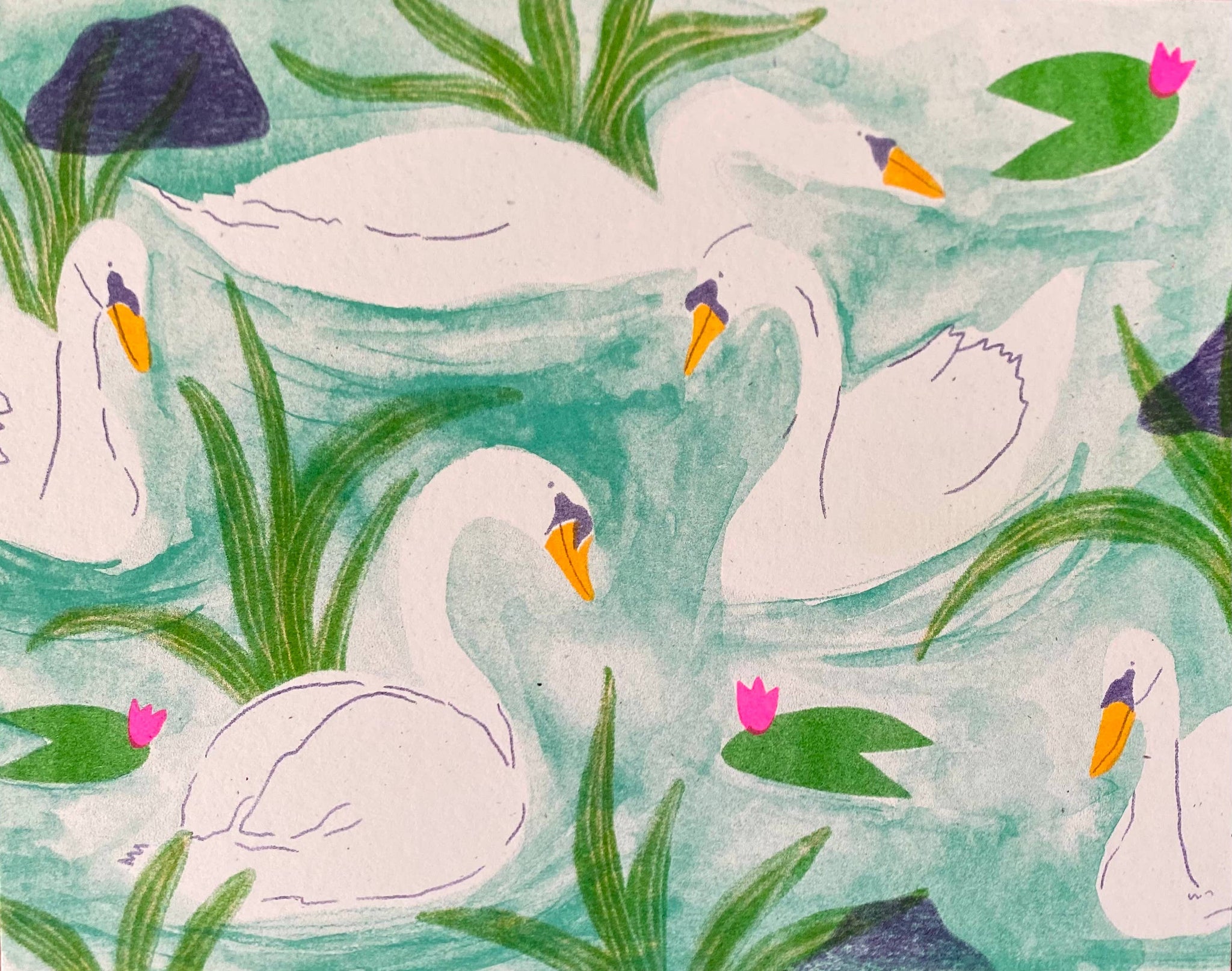 Swan Pond 5-Color Risograph Art Print on French Paper