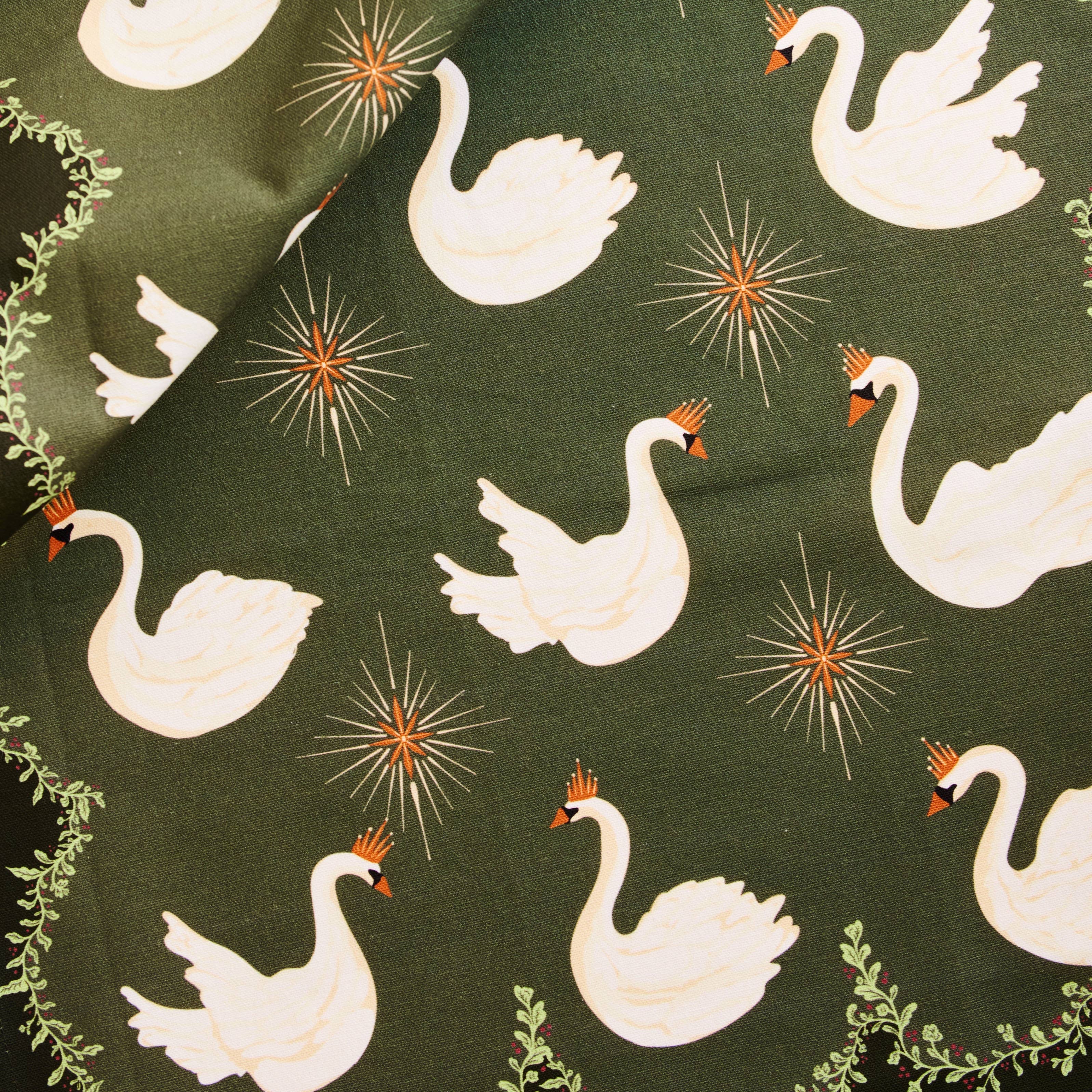 Celestial Swans Green Tea Towel
