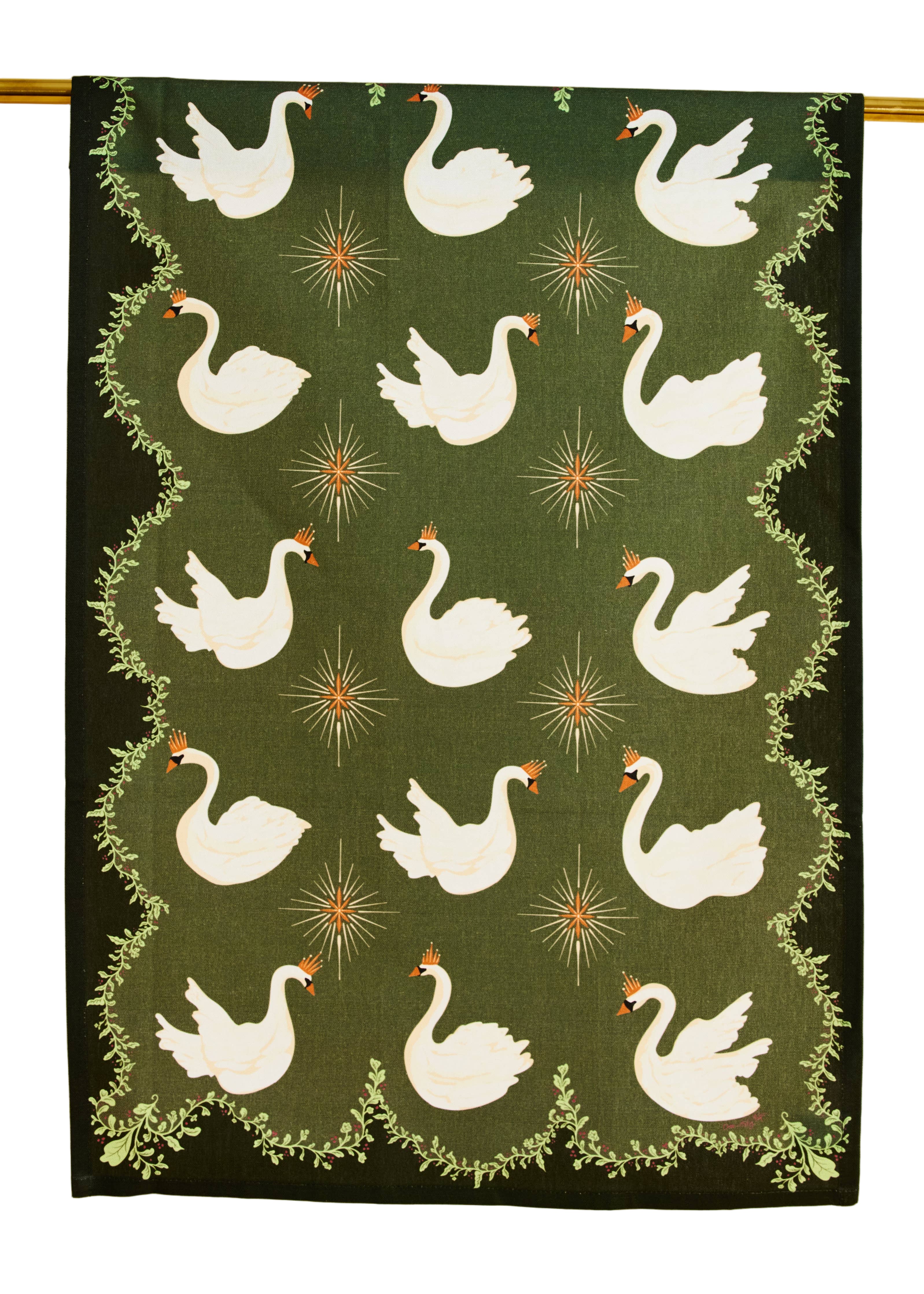 Celestial Swans Green Tea Towel