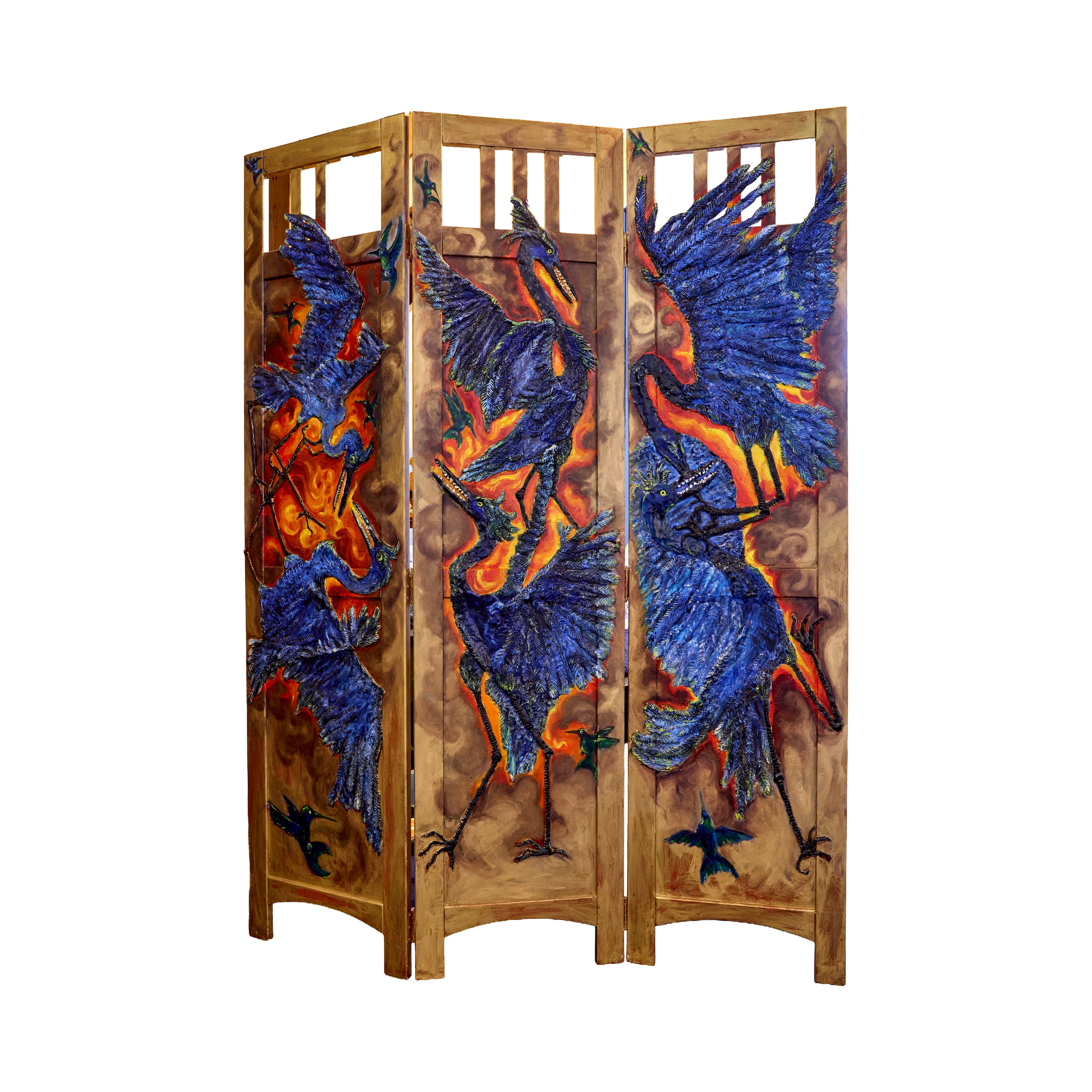 Jessica Hargreaves, Fighting Cranes folding screen (2024)