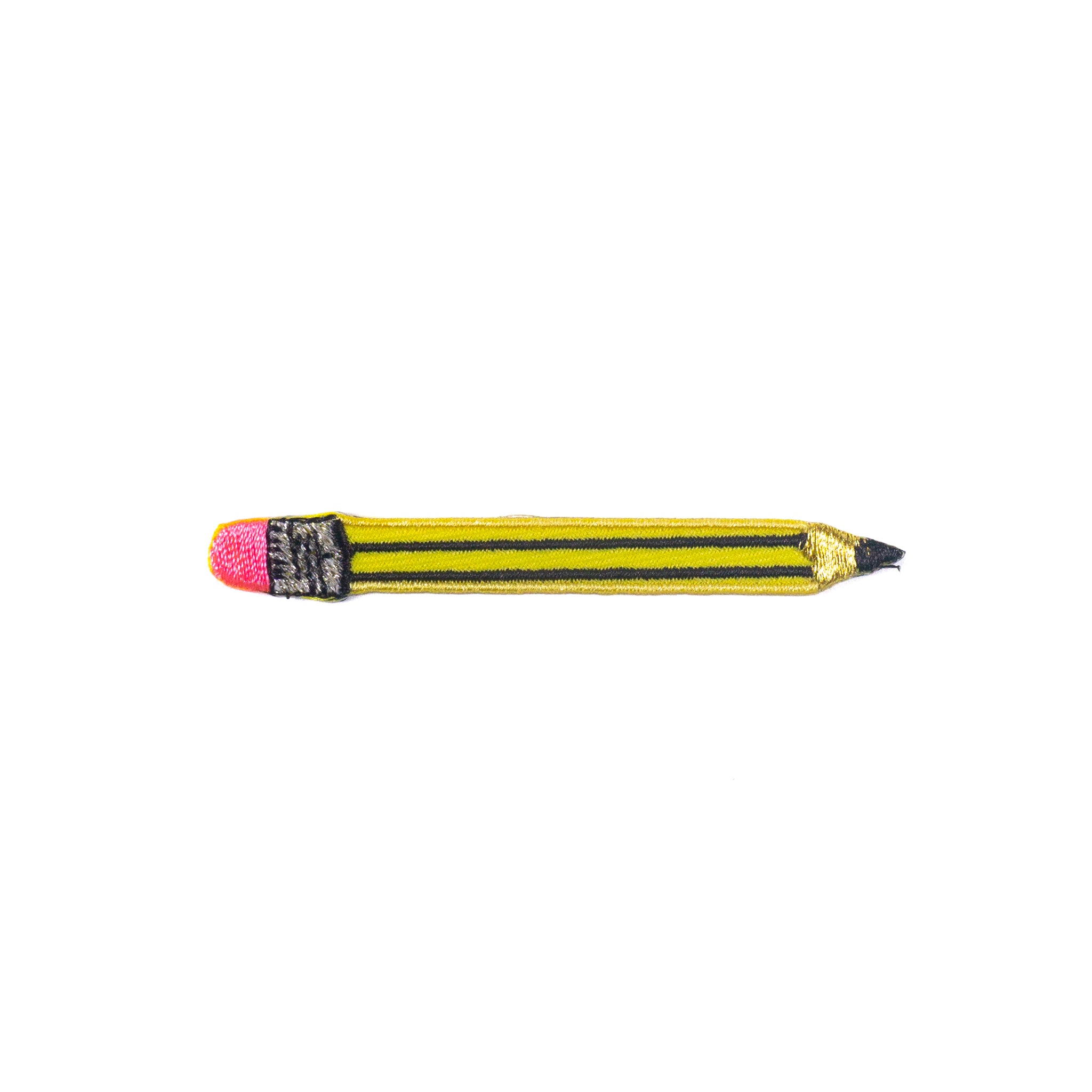 Toy pencil with a pink eraser and gold cap on a white background
