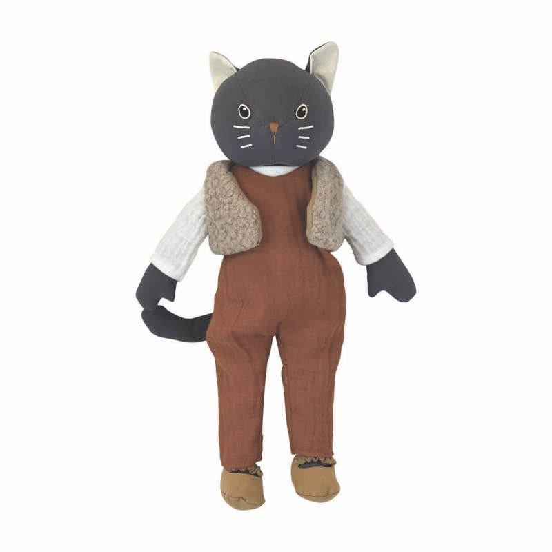 Stuffed Cat with Overalls & Vest