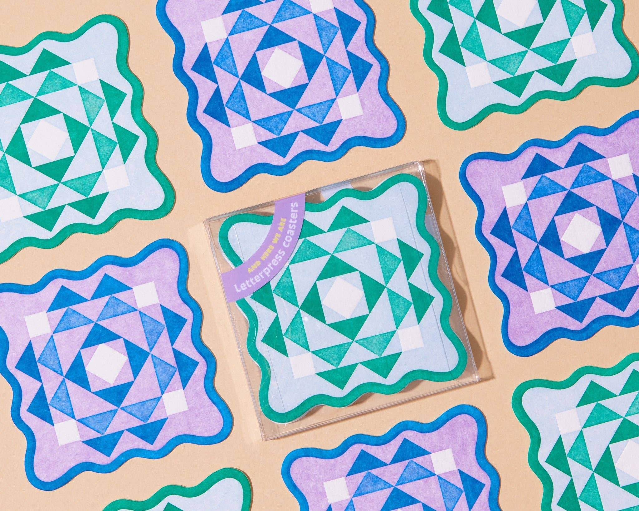 And Here We Are - Kaleidoscope Scalloped Letterpress Coasters (set of 8)
